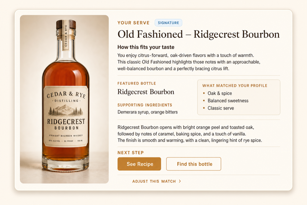 BoozeButler tasting room recommendation preview with a fictional Ridgecrest Bourbon Old Fashioned serve match and next-step actions